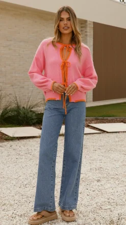 By Frankie Knit Tops|Knitwear^Hazina Tie Long Sleeve Knit Top - Pink / Orange