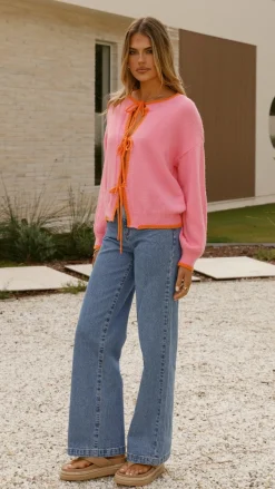 By Frankie Knit Tops|Knitwear^Hazina Tie Long Sleeve Knit Top - Pink / Orange