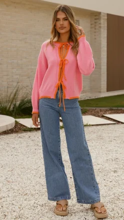 By Frankie Knit Tops|Knitwear^Hazina Tie Long Sleeve Knit Top - Pink / Orange