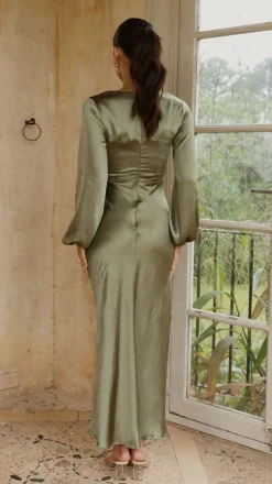 LILYWHYT Mon Cheri|Dresses^Ivy Long Sleeve Tie Front Maxi Dress - Olive