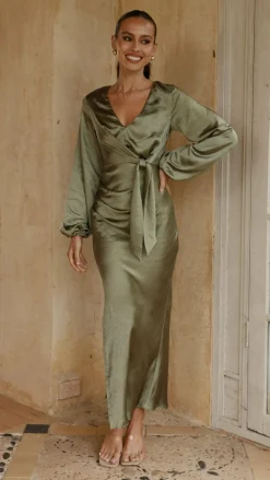 LILYWHYT Mon Cheri|Dresses^Ivy Long Sleeve Tie Front Maxi Dress - Olive