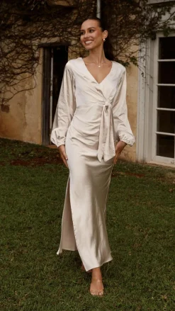 LILYWHYT Mon Cheri|Dresses^Ivy Long Sleeve Tie Front Maxi Dress - Champagne