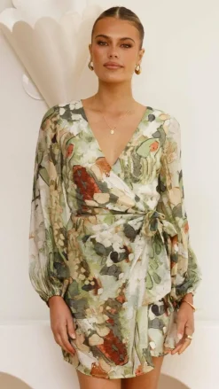 Pink Diamond Dresses|Mini^Jemma Long Sleeve Mini Dress - Green Abstract