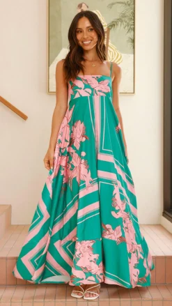 YH AND CO Dresses|Maxi^Kaethe Maxi Dress - Green/Pink Floral