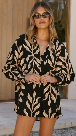 By Frankie Tops^Koa Button Up Top - Black/Tan Print