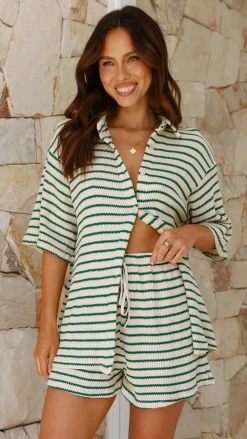 By Frankie Knit Tops|Knitwear^Lacole Button Up Shirt and Shorts Set - Beige / Green Stripe