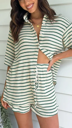 By Frankie Knit Tops|Knitwear^Lacole Button Up Shirt and Shorts Set - Beige / Green Stripe