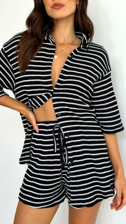 By Frankie Sets|Bottoms^Lacole Button Up Shirt and Shorts Set - Black / White Stripe
