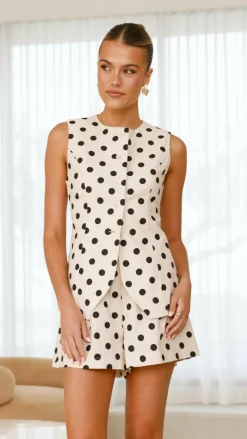 Fashion Allied Sets|Tops^Laolani Button Up Vest Top - Oat Black Polka