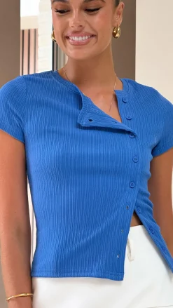 Style State Tops^Lola Asymmetric Button Up Top - Blue