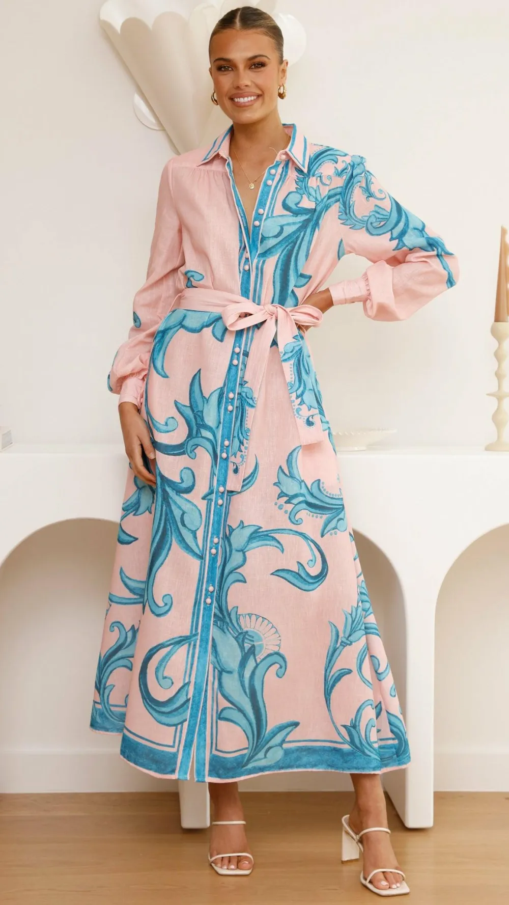 Bubblegum Dresses|Maxi^Lucia Long Sleeve Maxi Dress - Aqua/Pink Print