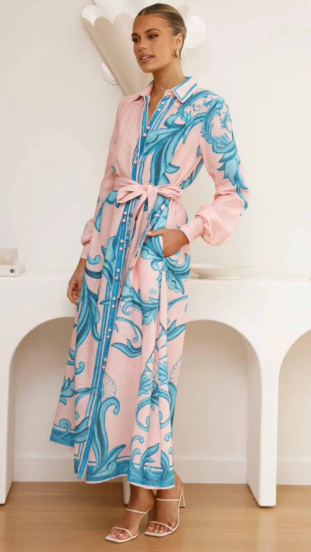 Bubblegum Dresses|Maxi^Lucia Long Sleeve Maxi Dress - Aqua/Pink Print