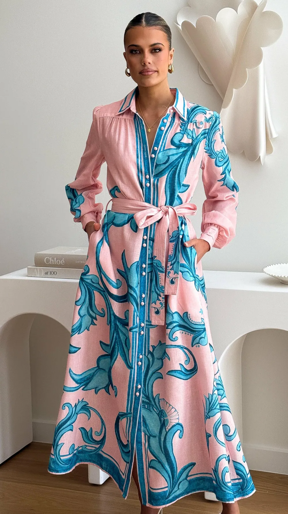 Bubblegum Dresses|Maxi^Lucia Long Sleeve Maxi Dress - Aqua/Pink Print