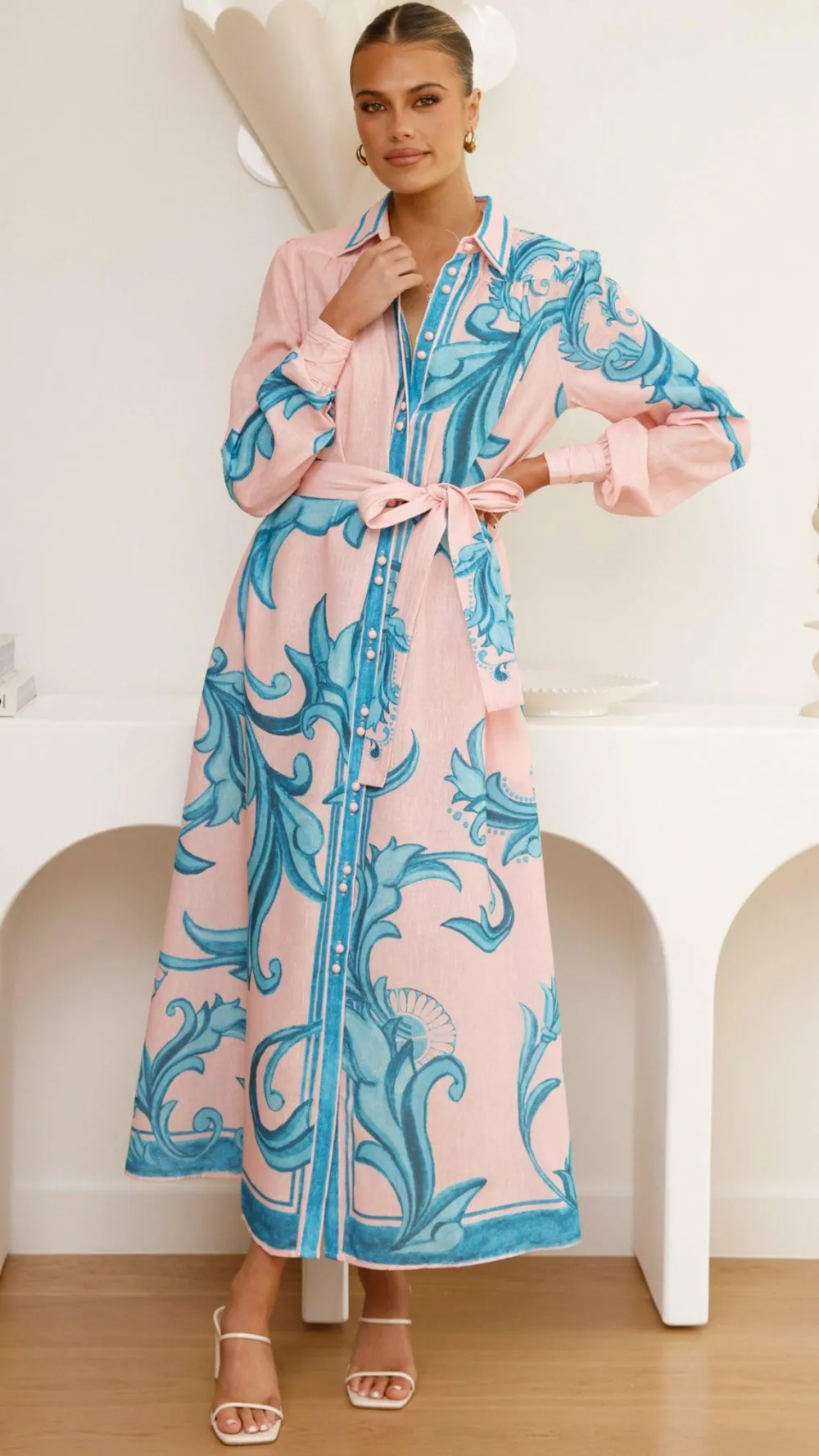 Bubblegum Dresses|Maxi^Lucia Long Sleeve Maxi Dress - Aqua/Pink Print