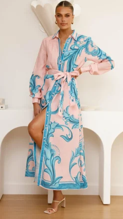Bubblegum Dresses|Maxi^Lucia Long Sleeve Maxi Dress - Aqua/Pink Print