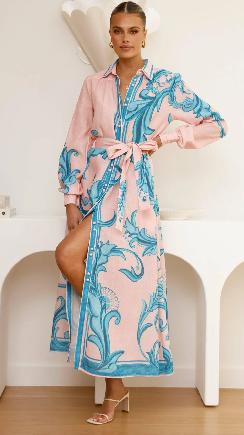 Bubblegum Dresses|Maxi^Lucia Long Sleeve Maxi Dress - Aqua/Pink Print