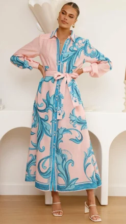 Bubblegum Dresses|Maxi^Lucia Long Sleeve Maxi Dress - Aqua/Pink Print