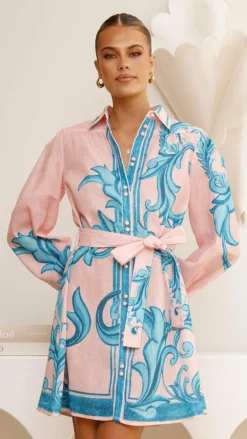 Bubblegum Dresses|Mini^Lucia Long Sleeve Mini Dress - Aqua/Pink Print