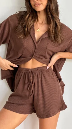 By Frankie Sets|Tops^Machiko Button Up Shirt and Shorts Set - Brown Waffle Knit