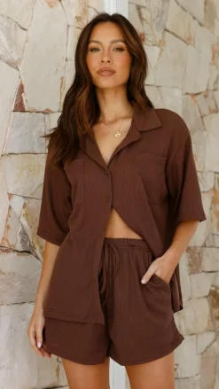 By Frankie Sets|Tops^Machiko Button Up Shirt and Shorts Set - Brown Waffle Knit