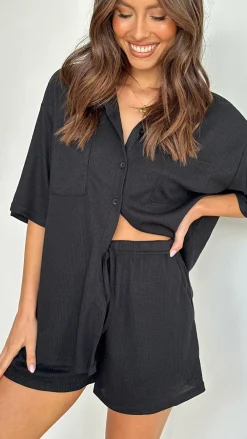By Frankie Sets|Bottoms^Machiko Button Up Shirt and Shorts Set - Black Waffle Knit