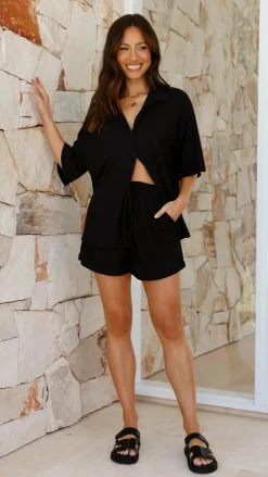 By Frankie Sets|Bottoms^Machiko Button Up Shirt and Shorts Set - Black Waffle Knit