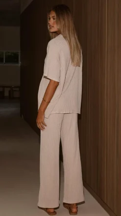By Frankie Knit Tops|Knitwear^Madian Button Up Shirt and Pants Set - Taupe