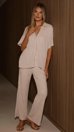 By Frankie Knit Tops|Knitwear^Madian Button Up Shirt and Pants Set - Taupe