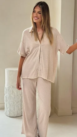 By Frankie Knit Tops|Knitwear^Madian Button Up Shirt and Pants Set - Taupe