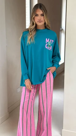 By Frankie Sets|Bottoms^Matcha Long Sleeve Top and Pants Set - Teal / Pink