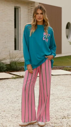 By Frankie Sets|Bottoms^Matcha Long Sleeve Top and Pants Set - Teal / Pink