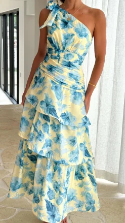 SASHA (BNE) Dresses|Maxi^Odilie One Shoulder Maxi Dress - Yellow/Blue Floral