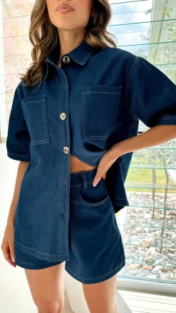 By Frankie The Denim Edit|Sets^Olivia Shirt and Shorts Set - Dark Denim