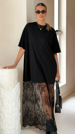 By Frankie Dresses|Maxi^Raina T-Shirt Maxi Dress - Black Lace