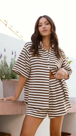 By Frankie Sets|Bottoms^Romi Shirt and Shorts Set - Brown Stripe
