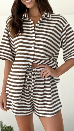 By Frankie Sets|Bottoms^Romi Shirt and Shorts Set - Brown Stripe