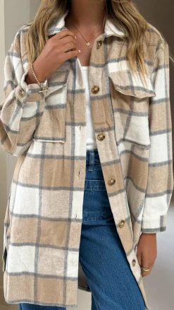 Iris Maxi Jackets|Outerwear^Saskia Jacket - Beige/Cream Check