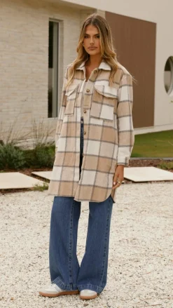 Iris Maxi Jackets|Outerwear^Saskia Jacket - Beige/Cream Check