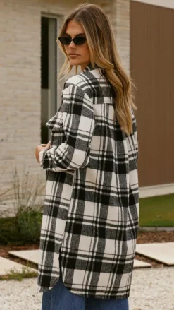 Iris Maxi Jackets|Outerwear^Saskia Jacket - Black/Cream Check