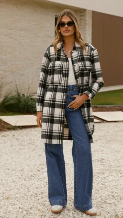 Iris Maxi Jackets|Outerwear^Saskia Jacket - Black/Cream Check