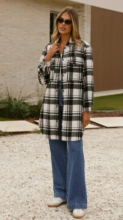 Iris Maxi Jackets|Outerwear^Saskia Jacket - Black/Cream Check