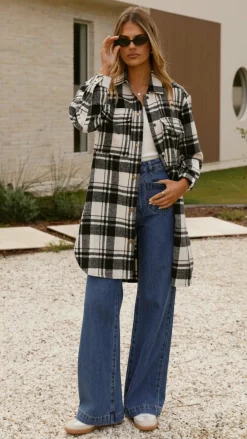 Iris Maxi Jackets|Outerwear^Saskia Jacket - Black/Cream Check