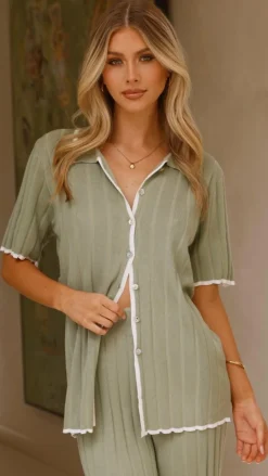 LILYWHYT Knit Tops|Knitwear^Shaylie Button Up Shirt - Sage