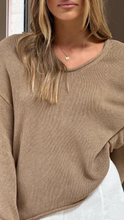 Little Lies Knit Tops|Knitwear^Spring Scoop Neck Long Sleeve Top - Taupe