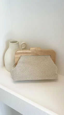 Adorne Bags|Bump Friendly^Tessa Fabric Weave Timber Frame Clutch - Camel / Natural
