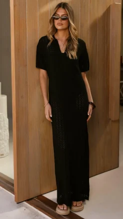 LILYWHYT Knit Dresses|Knitwear^Tiffy Crochet Short Sleeve Maxi Dress - Black