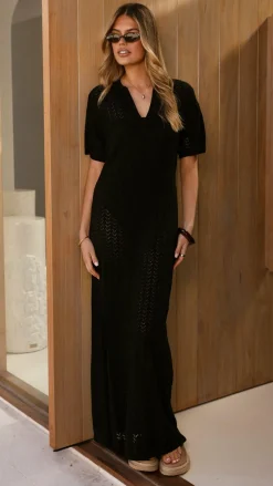 LILYWHYT Knit Dresses|Knitwear^Tiffy Crochet Short Sleeve Maxi Dress - Black