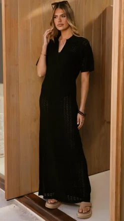 LILYWHYT Knit Dresses|Knitwear^Tiffy Crochet Short Sleeve Maxi Dress - Black