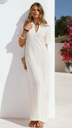 LILYWHYT Knit Dresses|Knitwear^Tiffy Crochet Short Sleeve Maxi Dress - White