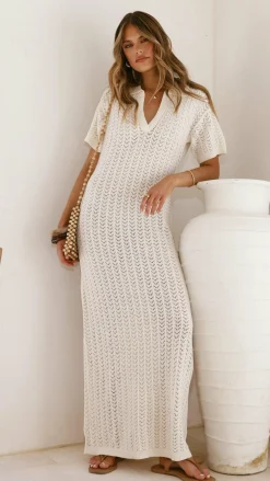 LILYWHYT Knit Dresses|Knitwear^Tiffy Crochet Short Sleeve Maxi Dress - White